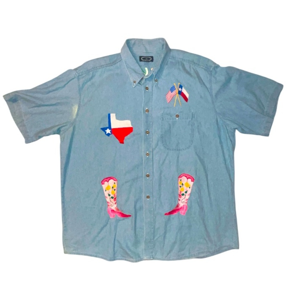 Three Rivers Embroidered Denim Short Sleeve Button Up Shirt Texas Boots Cowgirl